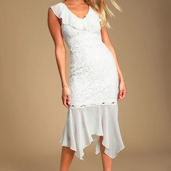 White Lace Midi Dress with Ruffled Trim and Neckline NWOT - Picture 1 of 10